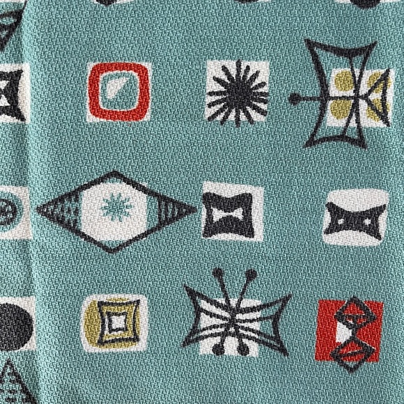 Vintage 50s Barkcloth Atomic Aqua Teal Fifties Space Age Fabric Yardage Panel - Picture 10 of 10